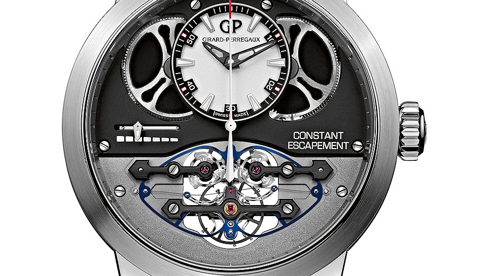 Girard-Perregaux, Constant Escapement, 2013: корпус из белого золота диаметром 48 мм; мануфактурный механизм с ручным заводом, частота 21 600 полуколебаний в час 