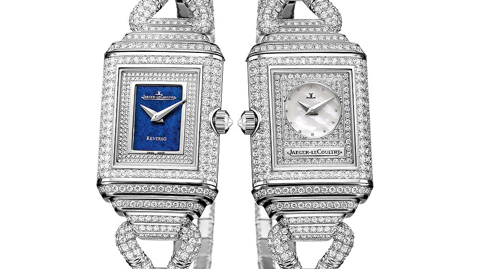 Jaeger-LeCoultre, Reverso Cordonnet Duetto, 2013: часы-реплика, сделанные в честь модели 1936 года; переворачивающийся корпус из белого золота, украшенный 1250 белыми бриллиантами; два циферблата — из лазурита и перламутра; мануфактурный механизм "Калибр 844" с ручным подзаводом, выпуск — пять экземпляров в год 
