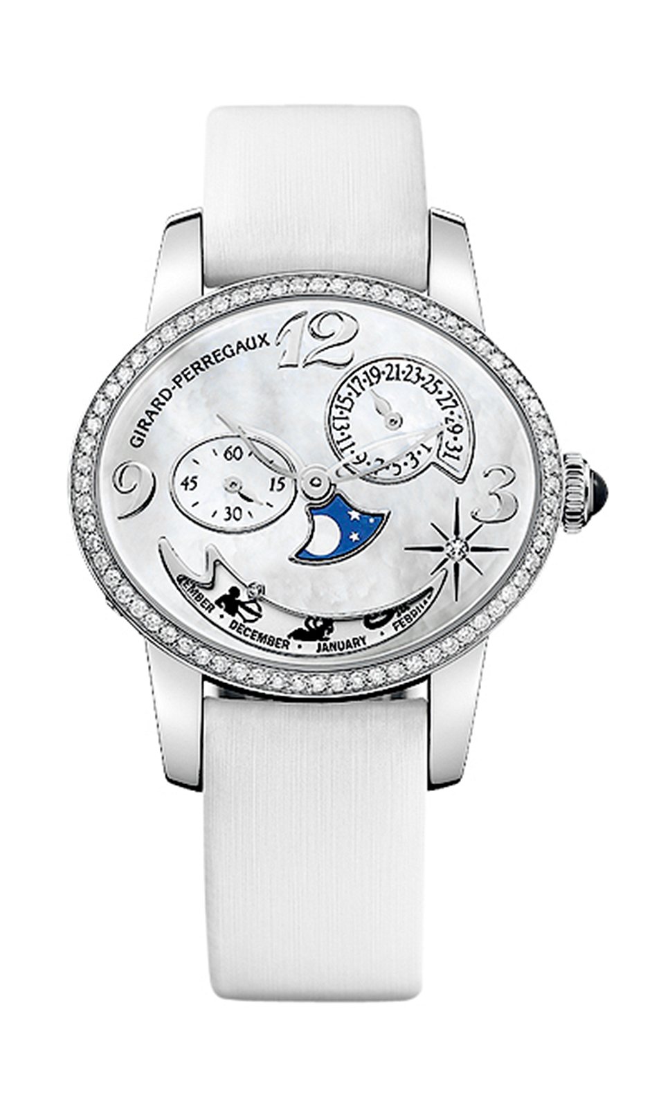 Girard-Perregaux, Cat`s Eye Annual & Zodiac Calendars, 2013: корпус из белого или розового золота, 68 бриллиантов на ободке, циферблат из перламутра; внутри установлен мануфактурный механизм GP033MO Girard-Perregaux с автоматическим заводом, частотой 28 800 полуколебаний в час, запасом хода 46 часов. Функции часов: часы, минуты, маленькая секундная стрелка, годовой календарь, индикатор знаков Зодиака (в положении "6 часов"), индикатор фаз Луны  
