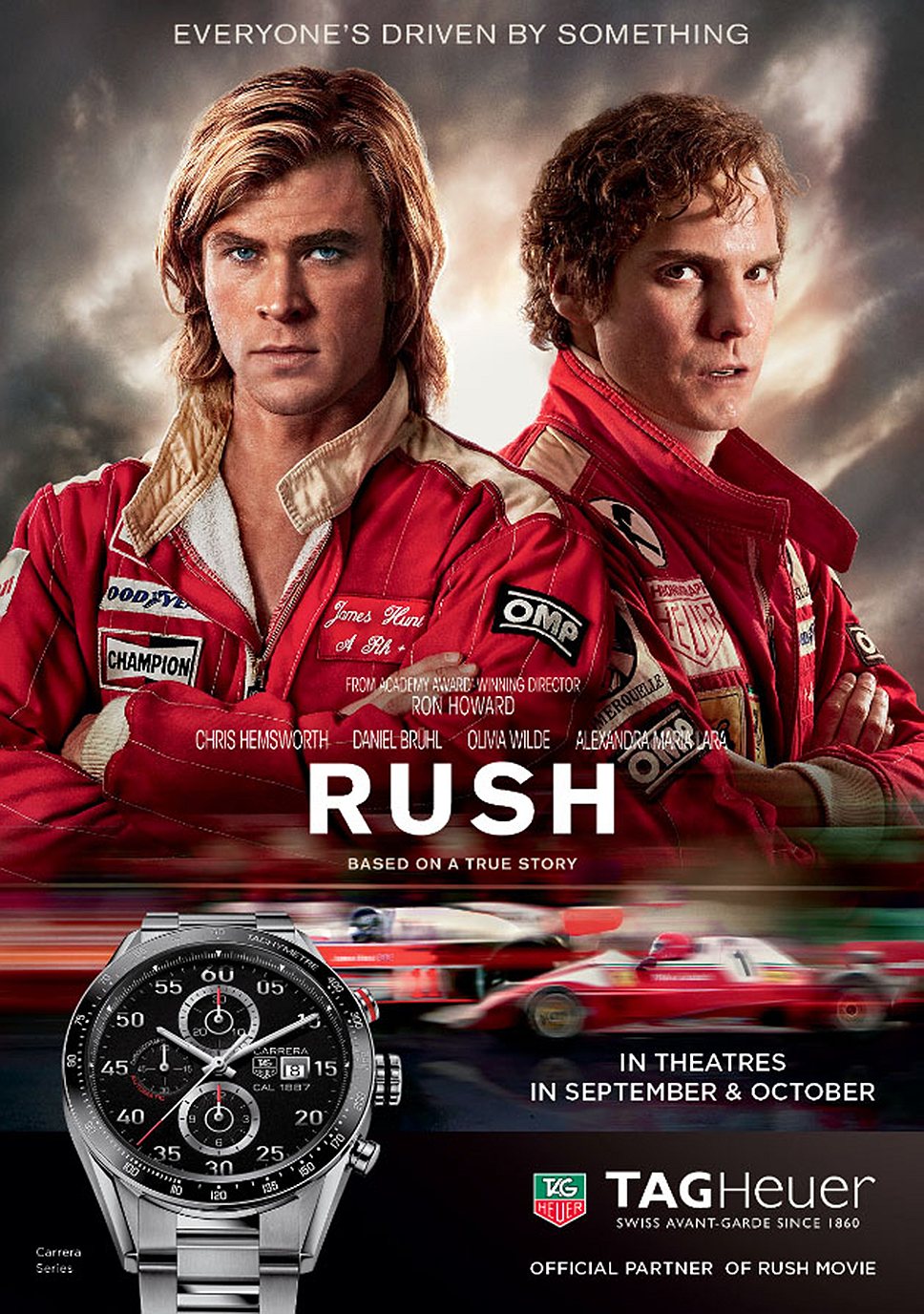 Герои новой "Гонки" носят новые хронографы TAG Heuer: у Ники Лауды Silverstone (слева), у Джеймса Ханта — Carrera (на фото постера) 