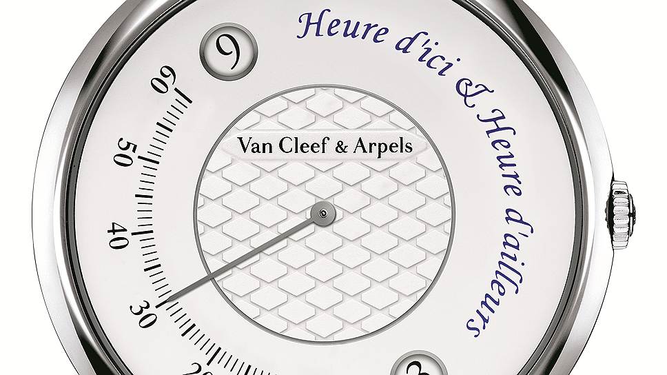 Van Cleef & Arpels, Pierre Arpels Heure d`Ici & Heure d`ailleurs, 2014: корпус из белого золота диаметром 42 мм, механизм с автоподзаводом, разработанный ателье Agenbor специально для Van Cleef & Arpels. Механизм обеспечивает демонстрацию времени в двух часовых поясах, функцию "прыгающего часа" и работу ретроградной стрелки
