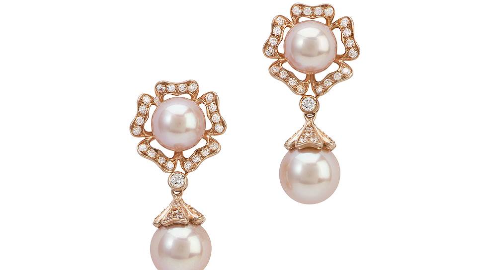 Серьги Tudor Rose, золото, бриллианты, жемчуг, Soho Jewelry