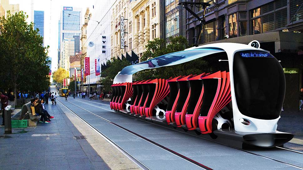 Проект австралийского дизайнера Саймона Колабуфало Metrotopia предполагает перевозку в трамвае не пассажиров, а индивидуальных двухместных электромобилей