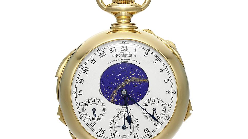 Часы Генри Грейвза работы Patek Philippe имеют будильник, "вечный" календарь, вторую часовую зону, индикатор фазы Луны, звездную карту с вариантами Северного и Южного полушарий, турбийон, сплит-хронограф, термометр, Grande Sonnerie, Petite Sonnerie и минутный репетир с боем колоколов Вестминстерского аббатства и арией "Я знаю, Искупитель мой жив" из оратории Генделя "Мессия" 
