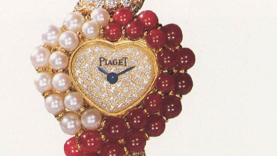 Piaget, часы из золота с жемчугом, рубинами и бриллиантами, "тонкий" кварцевый калибр 8P работы Piaget, 1987