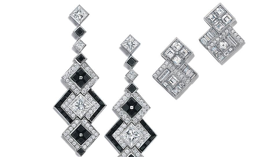 Серьги из платины с бриллиантами и ониксом