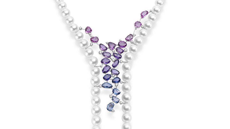 Mikimoto, колье-каскад Sunset, белый жемчуг, цветные сапфиры, 2015