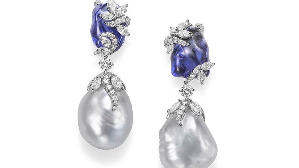 Mikimoto, серьги Flowers, жемчуг, сапфиры, 2015