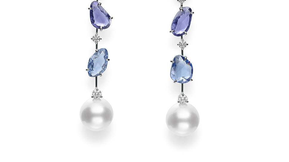 Mikimoto, серьги Flowers, жемчуг, сапфиры, 2015