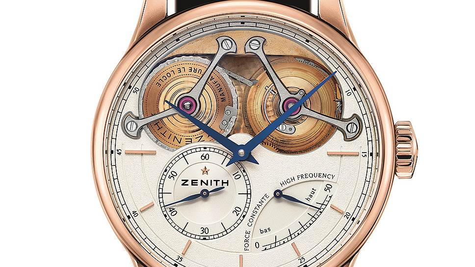 Zenith Academy Georges Favre-Jacot с механизмом El Primero 4810, ручным заводом и 50-часовым резервом хода. Комплектуется фузеей с цепной передачей и кремниевым спуском