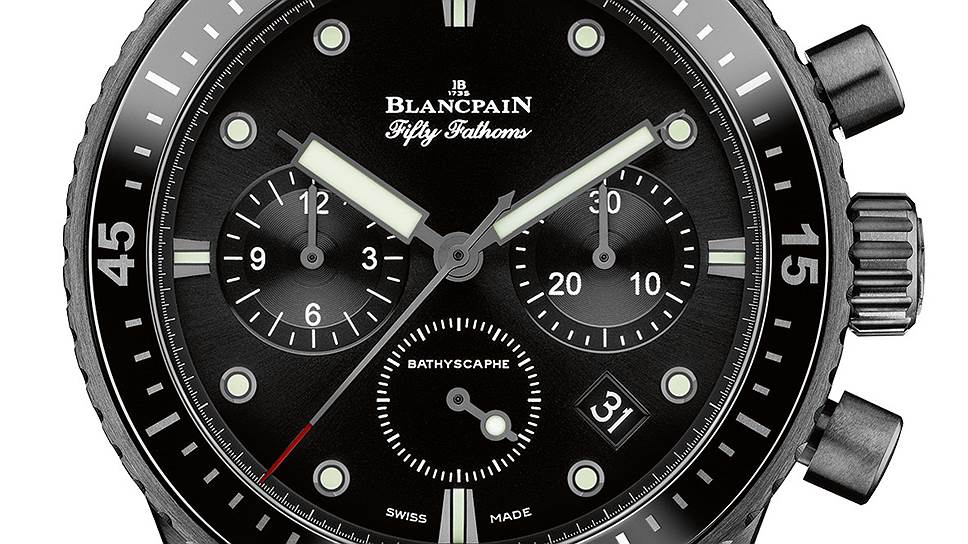 Выбор Арама Мнацаканова — хронограф Blancpain Fifty Fathoms Bathyscaphe с корпусом из матовой черной керамики диаметром в 43 мм, функцией flyback и автоматическим калибром F385