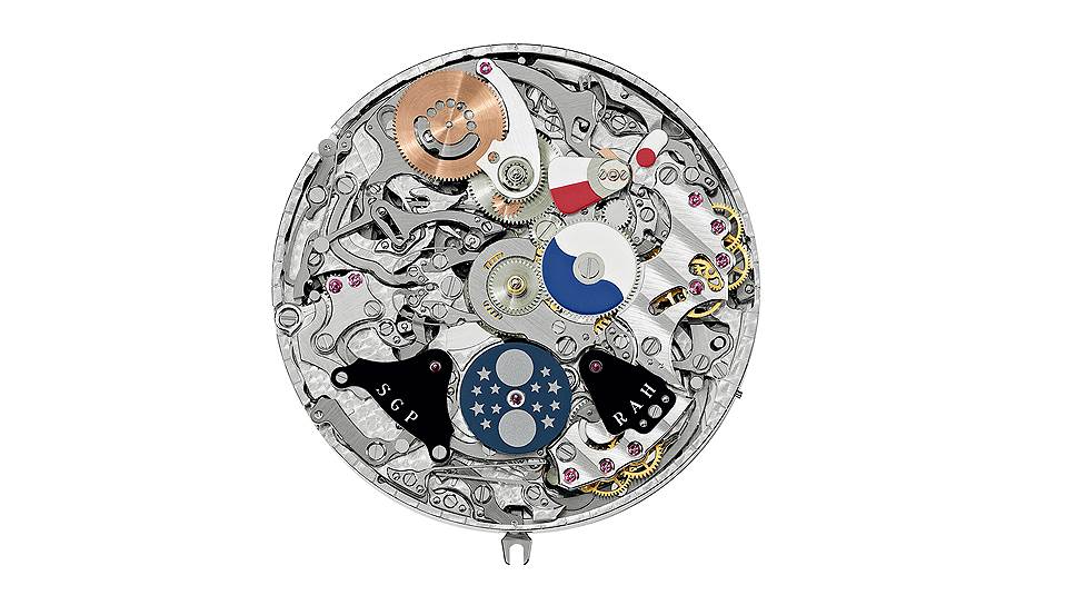 Patek Philippe, калибр 300 Grand Complication — с механическим заводом, большим и малым боем, будильником, репетиром даты, индикатором режима боя, индикатором запаса хода механизма, индикатором отключения механизма боя, указателем второго часового пояса, указателем времени второго часового пояса с индикатором времени суток, вечным календарем с моментальной сменой показаний, индикатором дня недели и месяца, индикатором даты на обоих циферблатах, циклом високосных лет, четырехзначной индикацией года, индикатором фаз Луны и 24-часовым и минутным дополнительным циферблатом, 2016 
