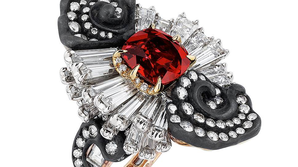 Кольцо Appartements des mesdames marqueterie, желтое, белое и розовое золото, черненое серебро, бриллианты и рубины, Dior Haute Joaillerie