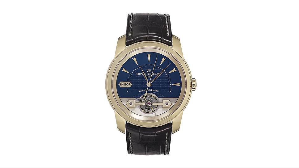 Girard-Perregaux, Place Girardet, 1957 Launch of Sputnik. Одни из 225 уникальных часов коллекции, выпущенной к 225-летию Girard-Perregaux и состоящей из 225 экземпляров — по одному на каждый год. На циферблате каждой модели указан год (от 1791-го до 2016-го) и памятное событие, его ознаменовавшее. 1791 год повторен на золотом роторе. Механизм с автоматическим подзаводом и 54-часовым запасом хода. Золотой мост над балансовым колесом Microvar. Корпус из розового золота диаметром 41 мм. Модель эксклюзивно представлена в московском Mercury