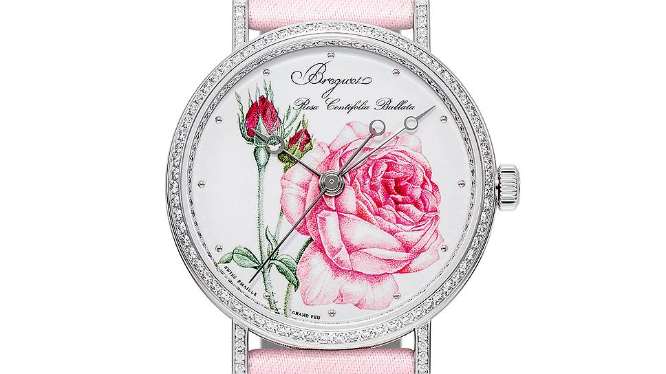 Breguet Classique Rose de la Reine. Корпус из белого золота 33,5 мм с 167 бриллиантами 0,915 карата. Эмалевый циферблат Grand feu Rosa Centifolia Bullata. Механизм с автоматическим подзаводом и резервом хода 38 часов. Кремниевый спуск. Водонепроницаемость 30 метров