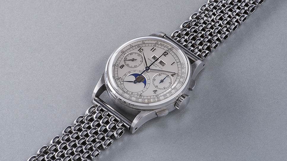 Patek Philippe Ref. 1518. Вечный календарь с фазами Луны и хронограф. Стальная модель. 1943 год. Эстимейт — свыше 3 млн швейцарских франков. Итоговая цена — 11 002 000 швейцарских франков — мировой рекорд стоимости наручных часов