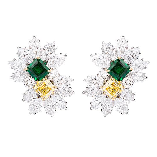 Mercury High Jewellery, серьги, платина, желтое и белое золото, изумруды, желтые и бесцветные бриллиант