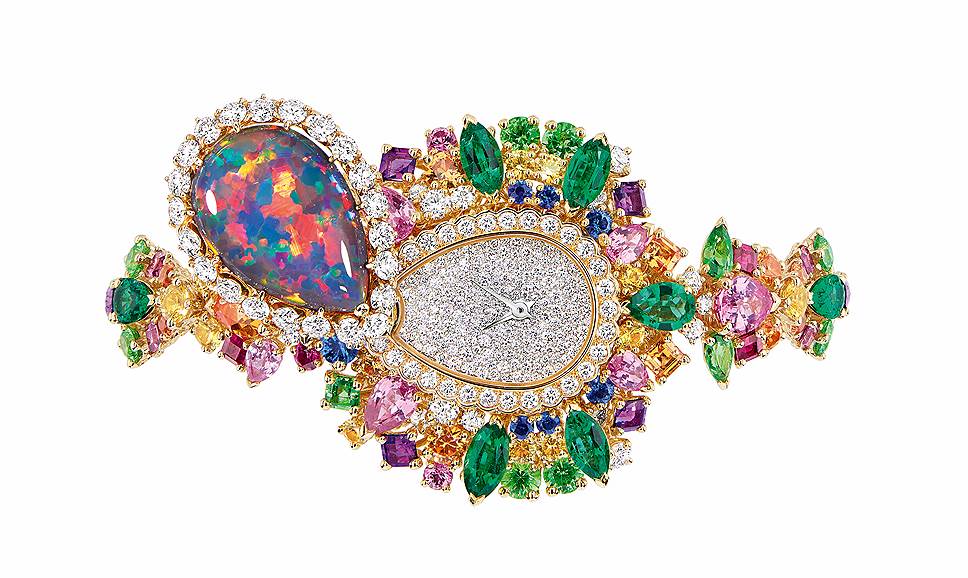 Dior Haute Joaillerie, часы Montre Haute Joaillerie Majestueuse Opale, белое и желтое золото, бриллианты, черный опал, розовые и желтые сапфиры, спессартин, цаворит, аметисты, рубины