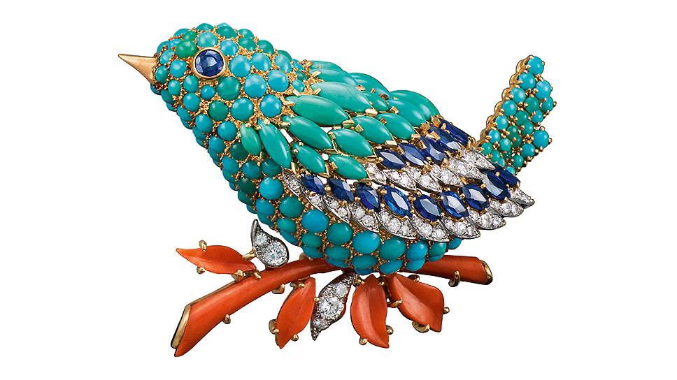 Брошь Blue Bird, золото, платина, сапфиры, бирюза, коралл, бриллианты, 1963 год