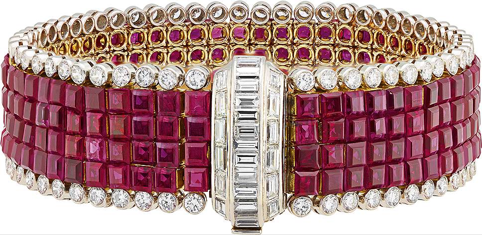 Браслет-лента, Van Cleef & Arpels, платина, желтое золото, рубины, бриллианты, 1959 год