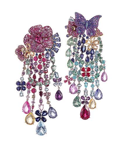Серьги-шандельеры Chopard, Rihanna Loves Chopard High Jewelry Limited Edition, сапфиры, турмалины параиба, цавориты, рубеллиты, бриллианты, 2017 год