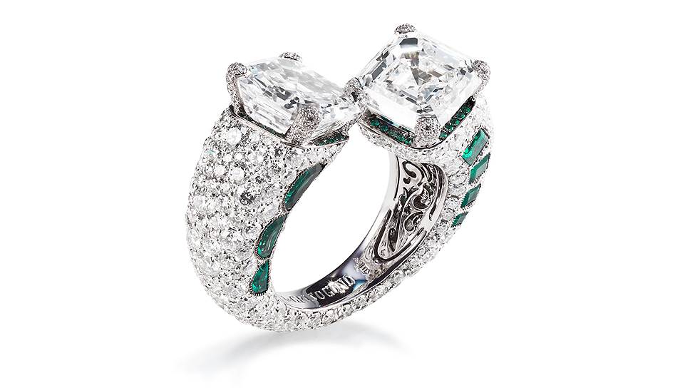 de Grisogono, кольцо Melody of Diamonds, белое золото, изумруды, бриллианты