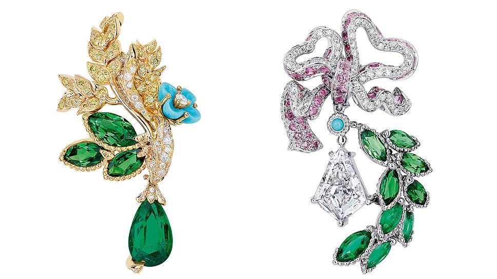 Dior, серьги Bosquet des Domes Diamant, белое и желтое золото, гранаты, изумруды, розовые сапфиры, бирюза, желтые и белые бриллианты