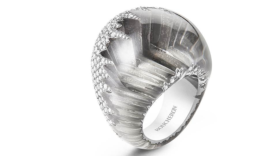 Кольцо Boule, белое золото, титан, матовый кварц, бриллианты