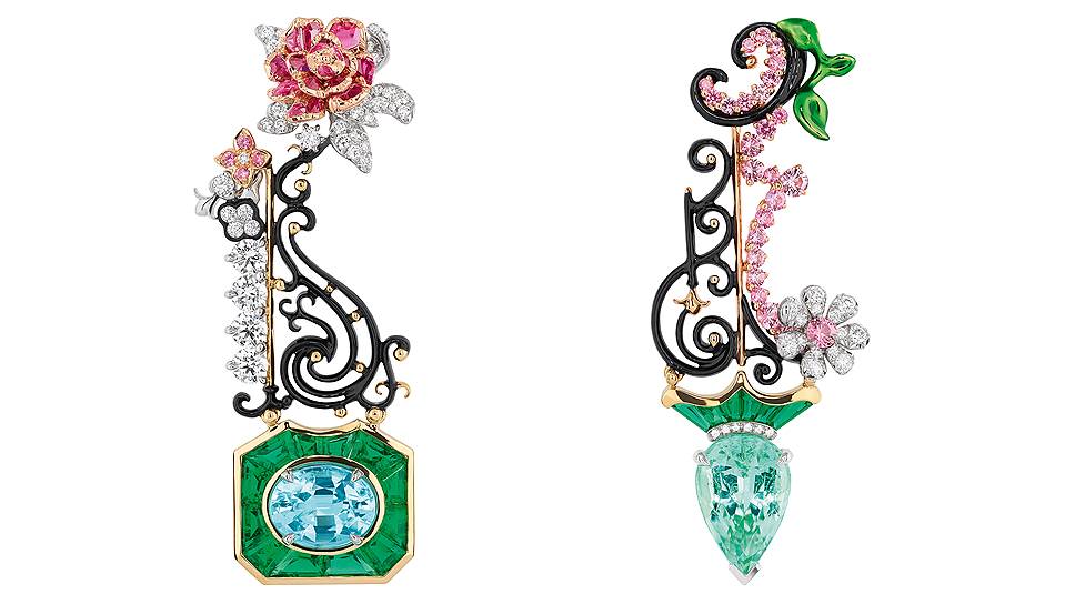 Серьги Bosquet de la Reine, белое, желтое и розовое золото, турмалины, изумруды, сапфиры