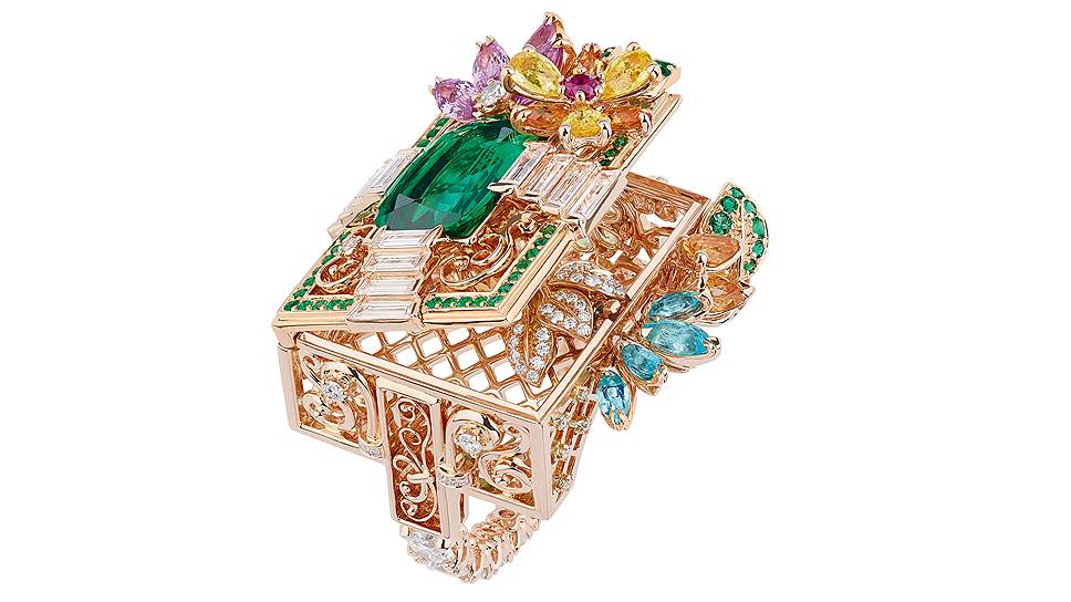 Кольцо Bosquet de la Reine, розовое золото, изумруды, оранжевые, желтые и розовые сапфиры, рубины, желтые и белые бриллианты