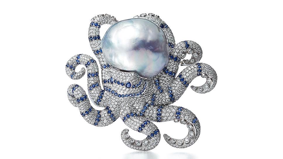 Брошь Blue Book Octopus Baroque, платина, барочная жемчужина, сапфиры, бриллианты, 2016 год
