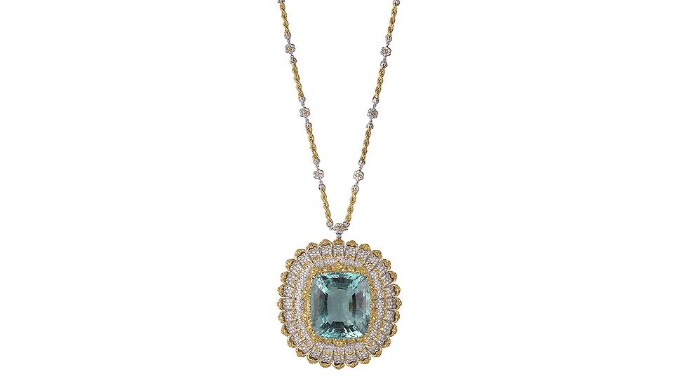Buccellati, брошь-кулон Samarcanda, белое и желтое золото, аквамарин, белые и желтые бриллианты