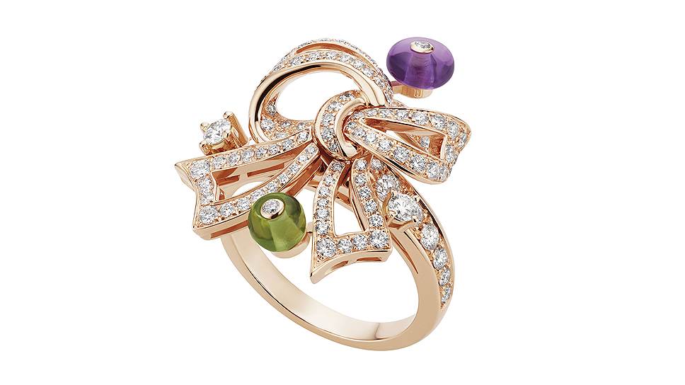Bulgari, кольцо Fiocco, розовое золото, аметисты, хризолиты, бриллианты