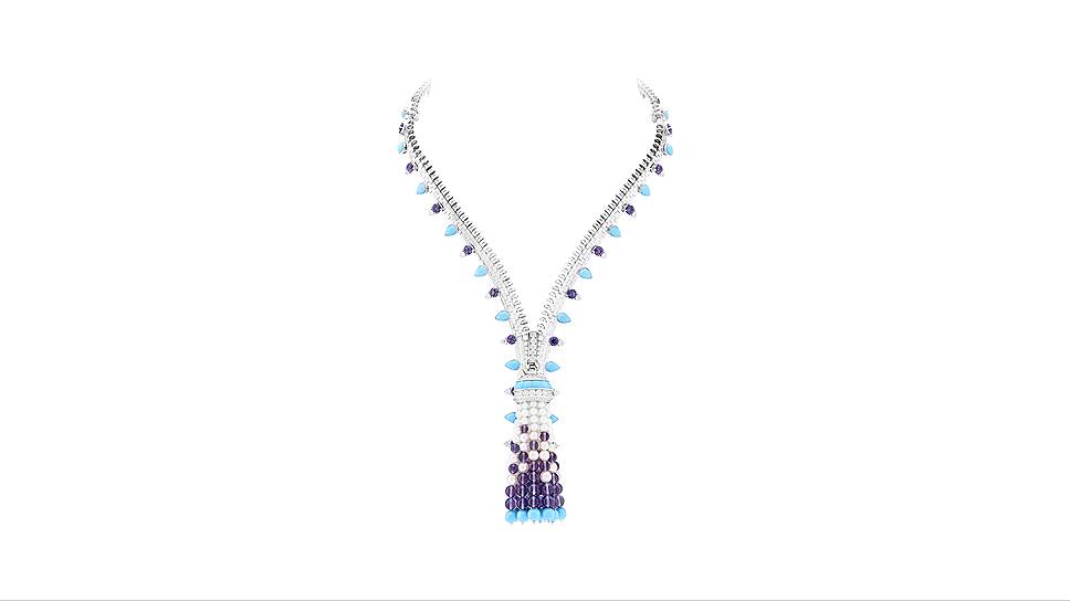Колье Zip Elegance, белое золото, аметисты, бирюза, жемчуг, бриллианты