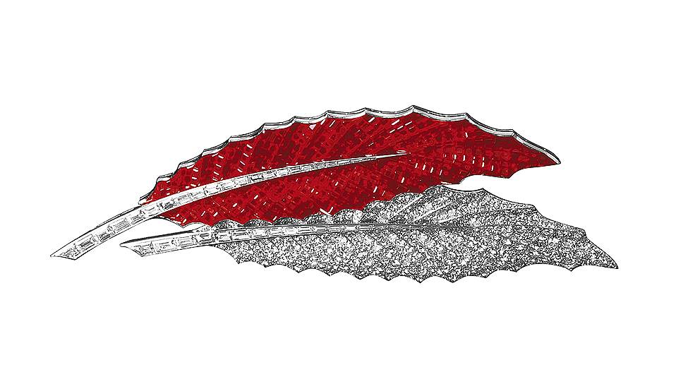 Брошь Feuille de Houx, платина, рубины, бриллианты, Van Cleef & Arpels, 1936 год