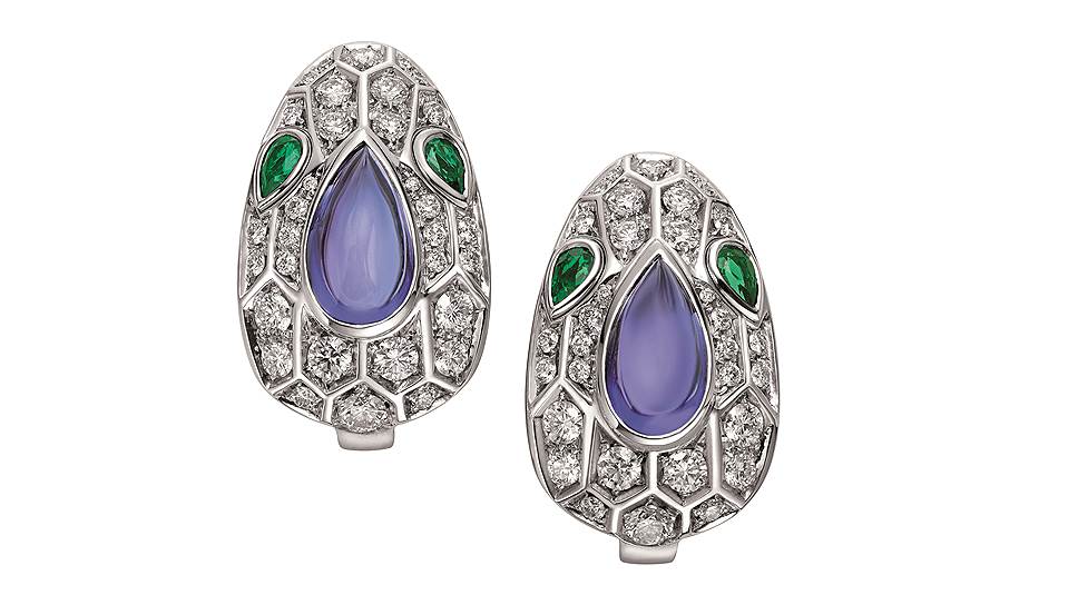 Серьги Serpenti, белое золото, танзанит, изумруды
