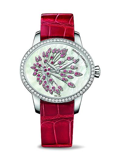Girard Perregaux, часы Cat's Eye, белое золото, перламутр, сапфиры, бриллианты, овальный корпус 35,44 х 30,44 мм, автоматический механизм