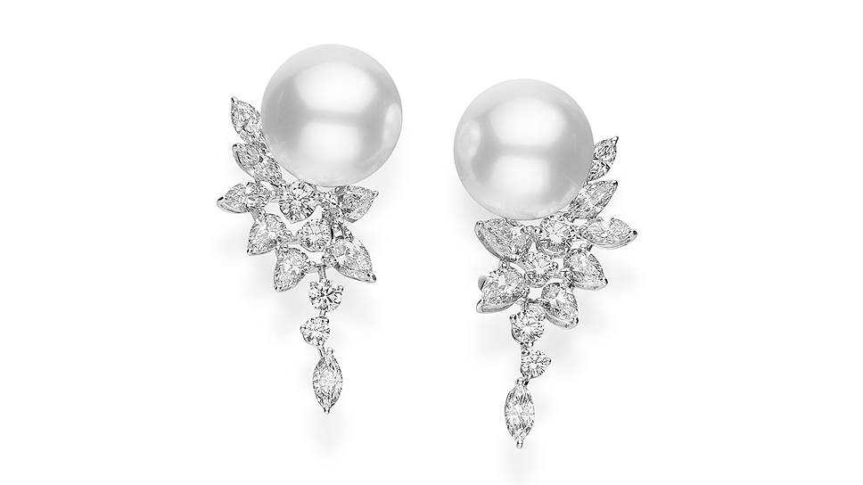 Mikimoto, серьги, белое золото, жемчуг, бриллианты