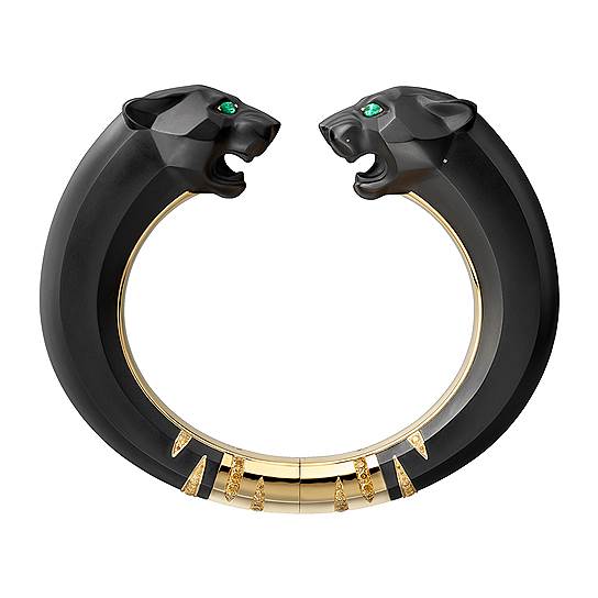 Cartier, браслет Resonances de Cartier, желтое золото, резная черная яшма, изумруды, оранжевые бриллианты