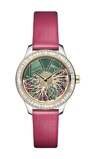 Dior, часы Dior Grand Bal les Jardins, белое и желтое золото, розовые сапфиры, бриллианты, 36 мм, автоматический механизм