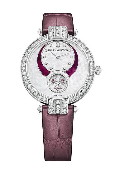Harry Winston, часы Premier Diamond Second Automatic, белое золото, перламутр, розовые сапфиры, бриллианты, 36 мм автоматический механизм