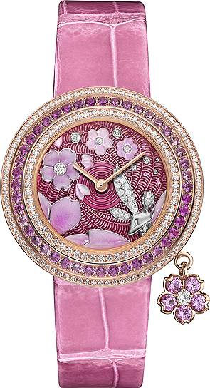 Van Cleef & Arpels, часы Charms Extraordinaire Fee Sakura, розовое золото, сапфиры, бриллианты, корпус 32 мм, кварцевый механизм