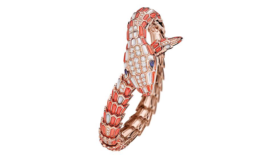 Serpenti, розовое золото, коралл, перламутр, сапфиры, бриллианты