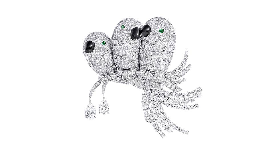 Graff, брошь Lovebirds, белое золото, оникс, изумруды, бриллианты