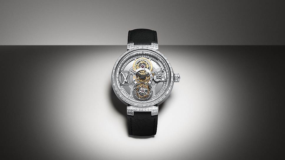 Часы Tambour Moon Tourbillon Vollant, платина, бриллианты, 42,5 мм, механизм с ручным заводом