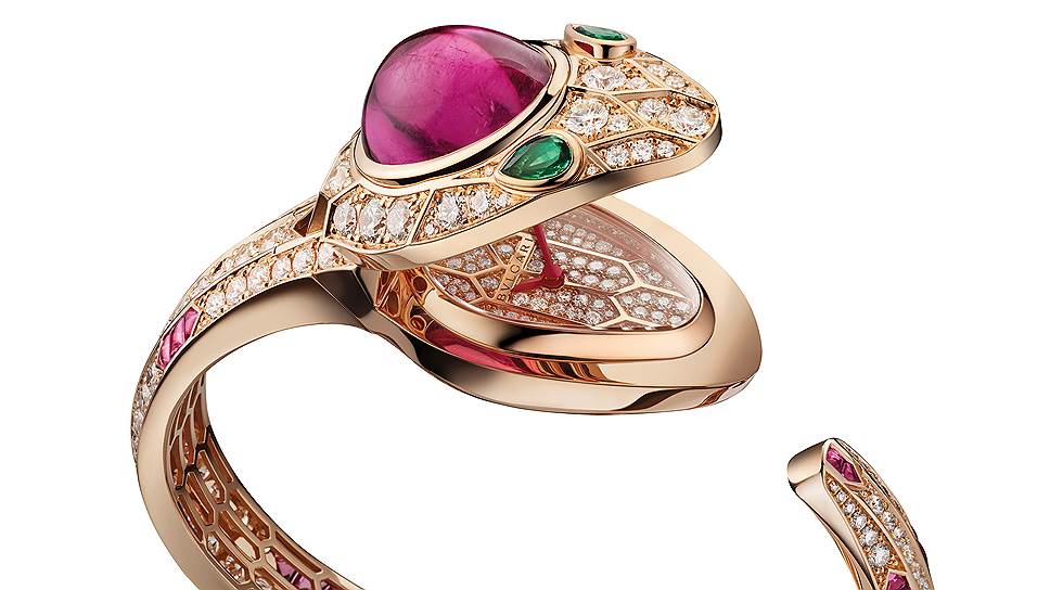 Часы Serpenti Seduttori, розовое золото, бриллианты, изумруды, турмалины