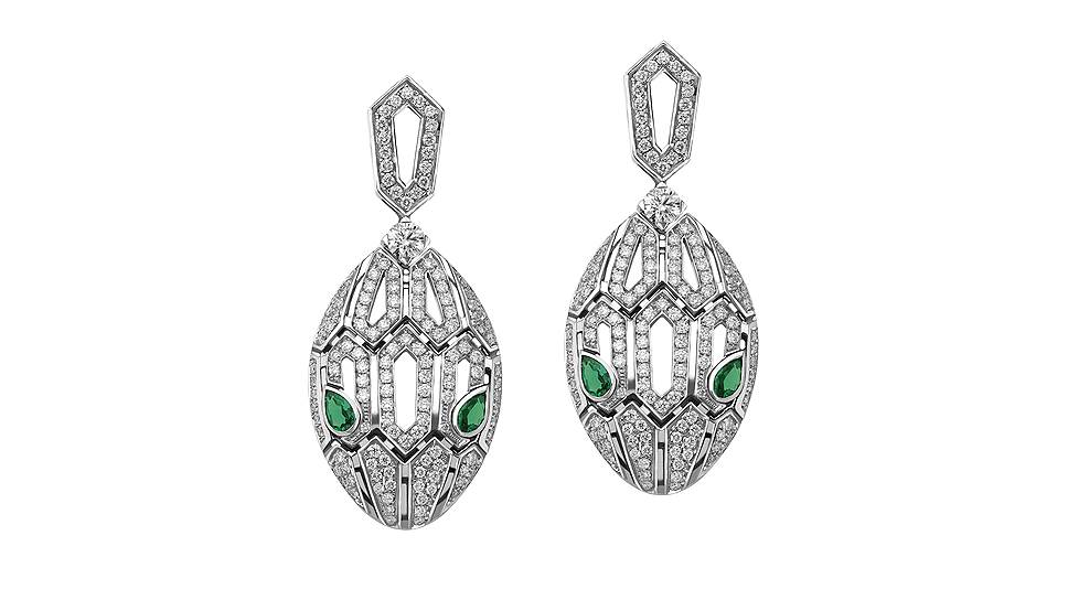 Серьги Serpenti Eyes on Me, белое золото, изумруды, бриллианты
