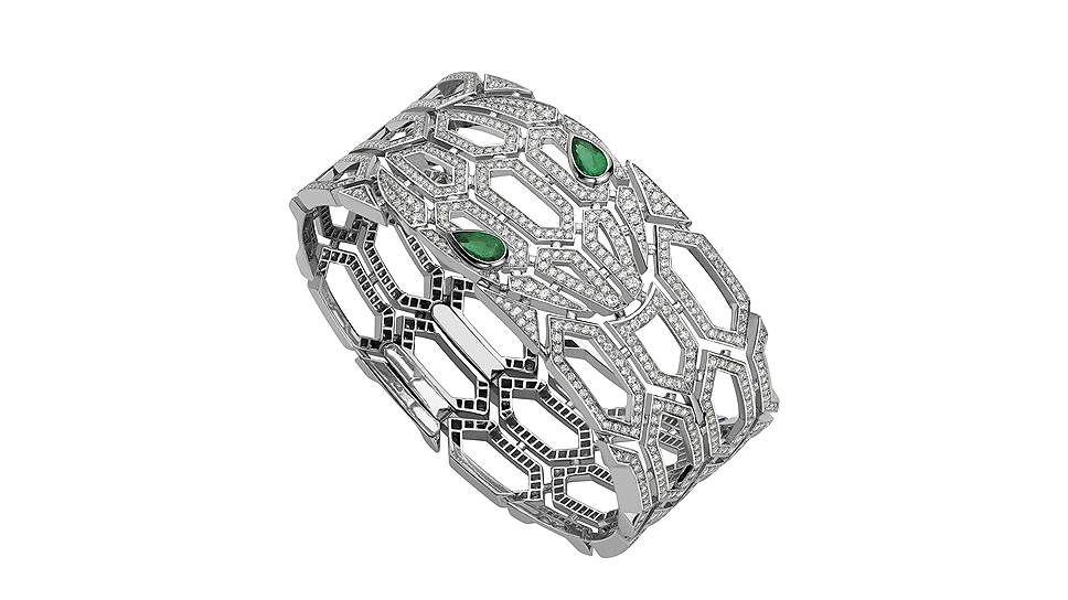 Браслет Serpenti Eyes on Me, белое золото, изумруды, бриллианты
