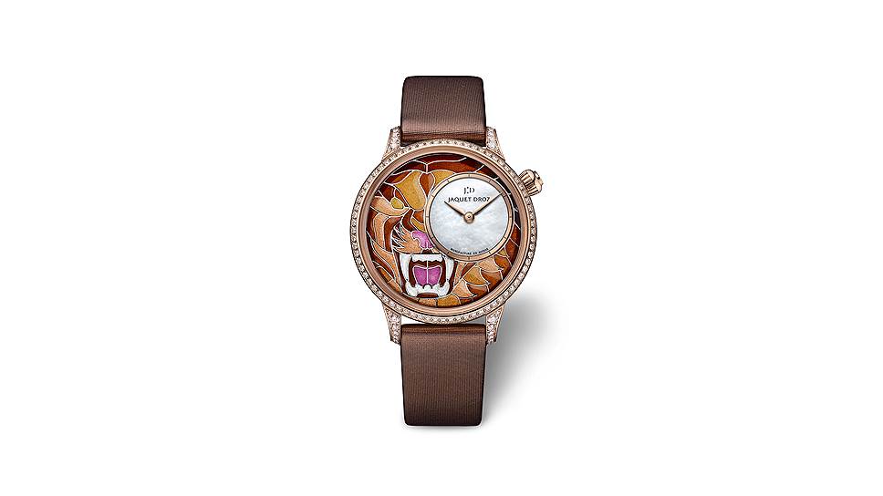 Jaquet Droz, Petite Heure Minute Smalta Clara Tiger, розовое золото, бриллианты, эмаль Plique-a-jour, перламутр, 35 мм, механизм с автоматическим подзаводом