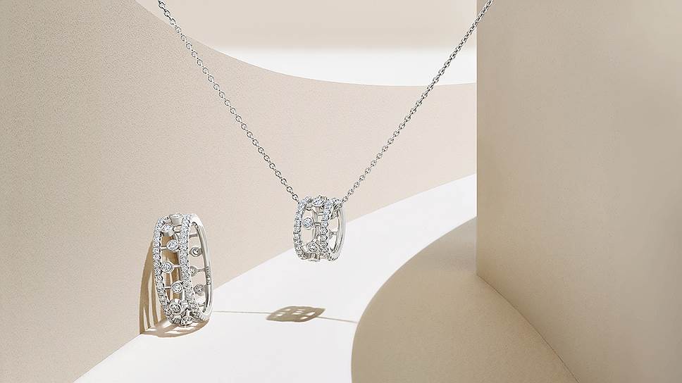De Beers, кольцо и подвеска Dewdrops, белое золото, бриллианты 